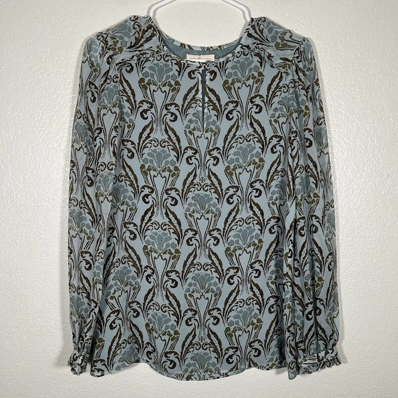 Tory Burch 100% Silk Wallpaper Floral Keyhole Frill Blouse Top Blue Size 4 - Picture 2 of 13